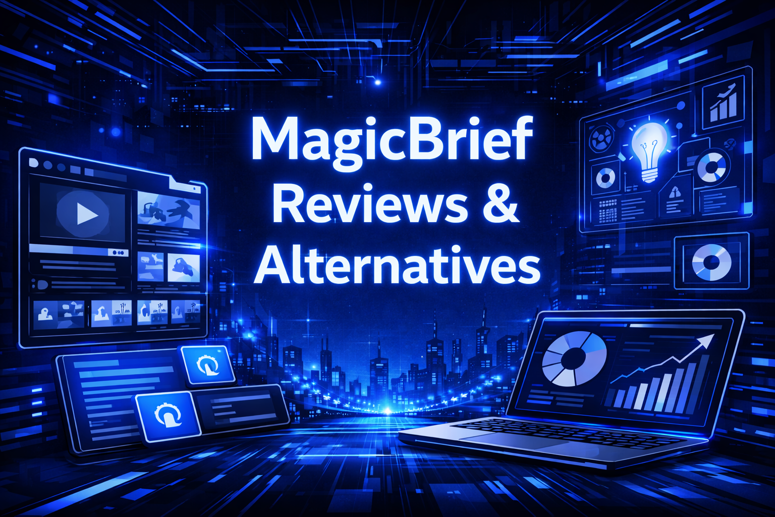 MagicBrief Reviews and Alternatives title graphic with a video library, analytics dashboards, and a laptop showing growth charts.