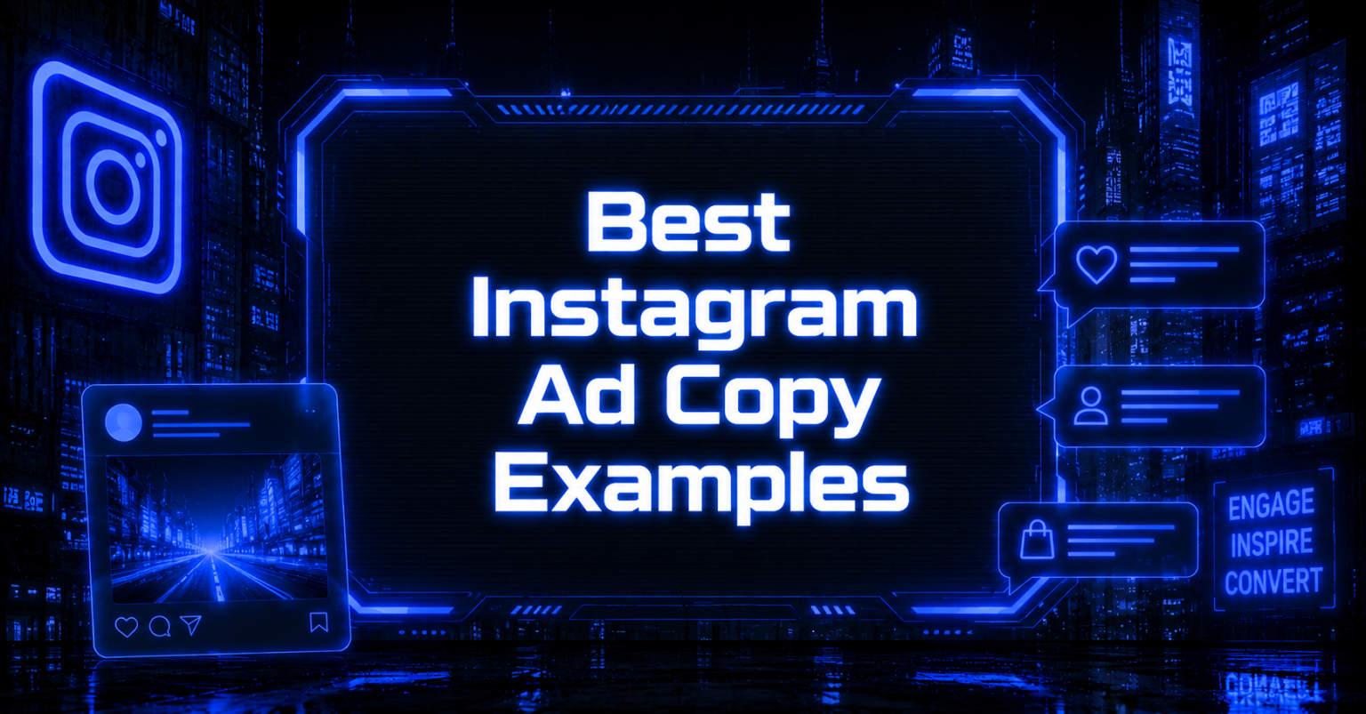 "Best Instagram Ad Copy Examples" in neon text, on a dark futuristic background.