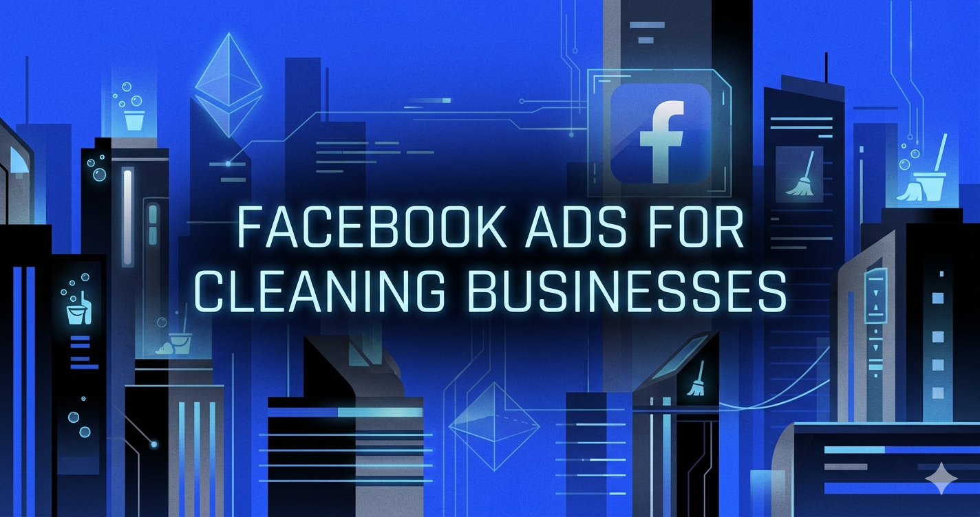 Cleaning service Facebook ad concept with cleaning tools and the Facebook logo on a blue background.