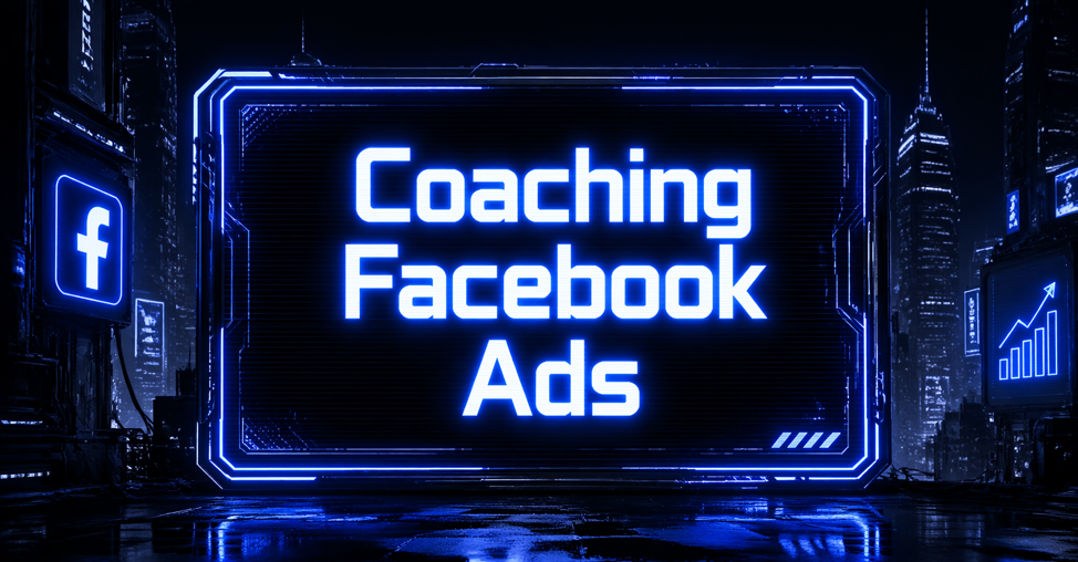 Coaching Facebook Ads graphic with the Facebook logo, a growth chart billboard, and a dark futuristic city street background.
