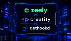 Comparison banner featuring Zeely, Creatify, and GetHookd AI tool logos on a circuit-board background.