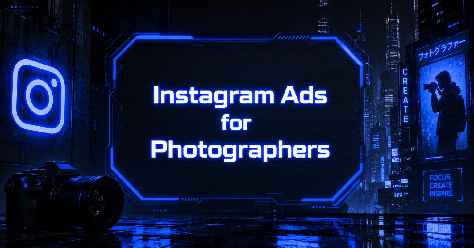 Cyberpunk featured image showing Instagram photography advertising concept with neon blue aesthetics.