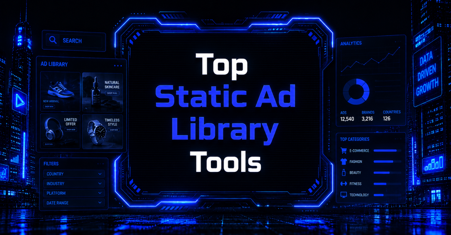 Cyberpunk illustration showing “Top Static Ad Library Tools” in a futuristic background.