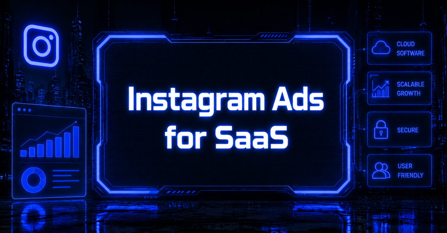 Cyberpunk-style Instagram SaaS advertising graphic with glowing blue interface panels and neon city background.
