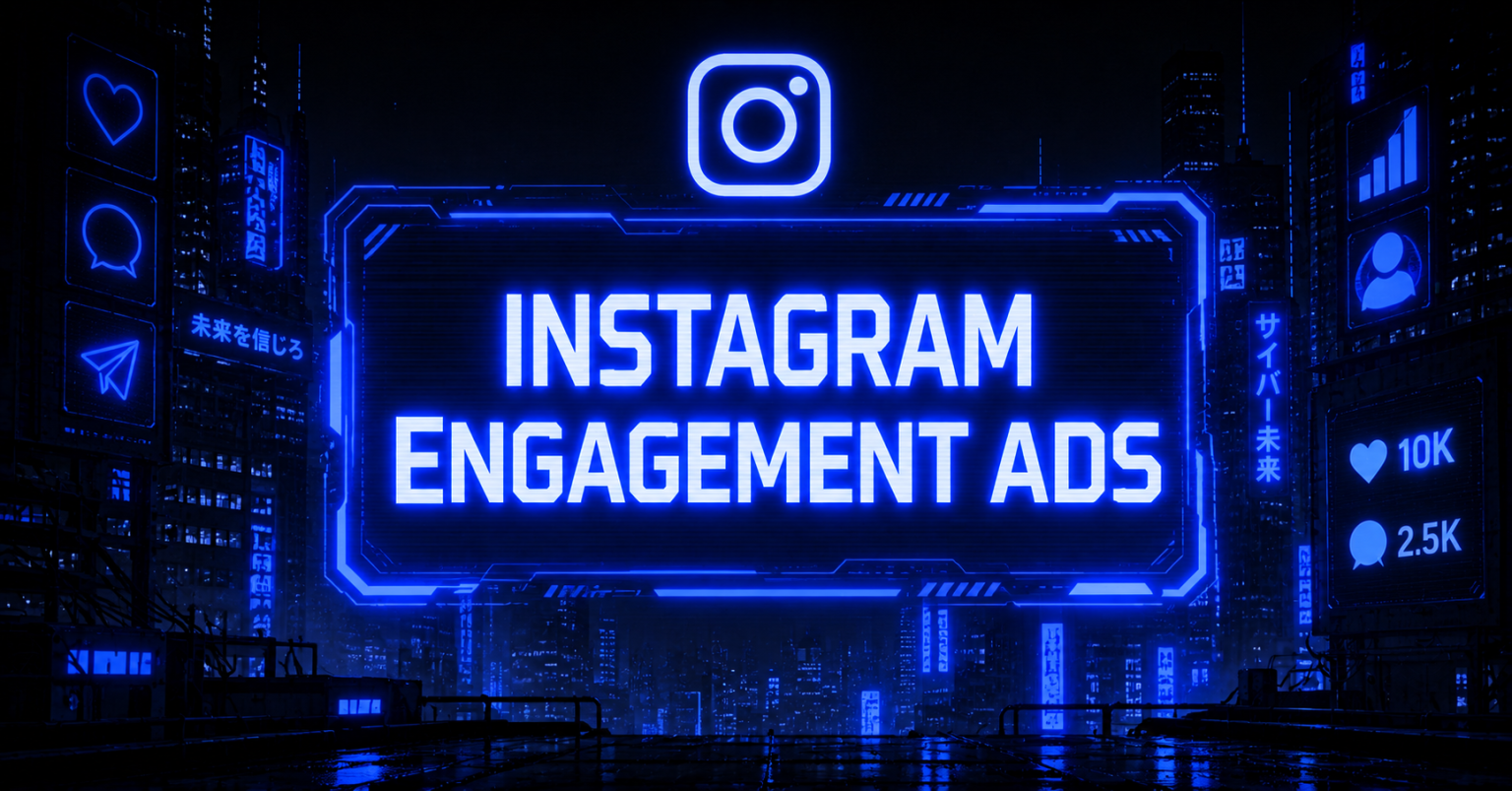 Cyberpunk-style Instagram engagement ads graphic with glowing blue neon interface, Instagram logo, and social media engagement visuals.