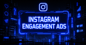 Cyberpunk-style Instagram engagement ads graphic with glowing blue neon interface, Instagram logo, and social media engagement visuals.