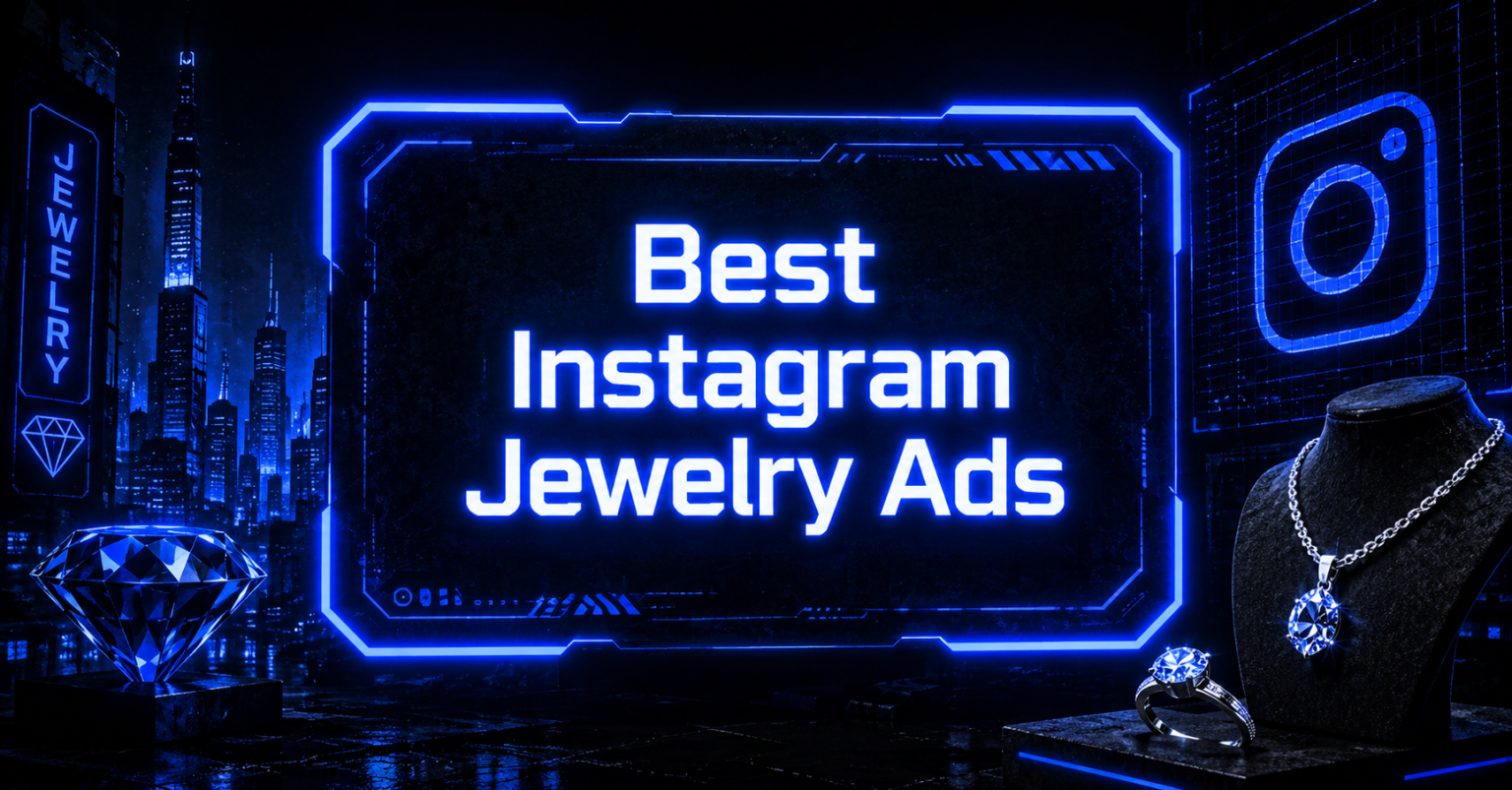 Cyberpunk-style Instagram jewelry ads graphic with neon blue jewelry visuals and futuristic city background.