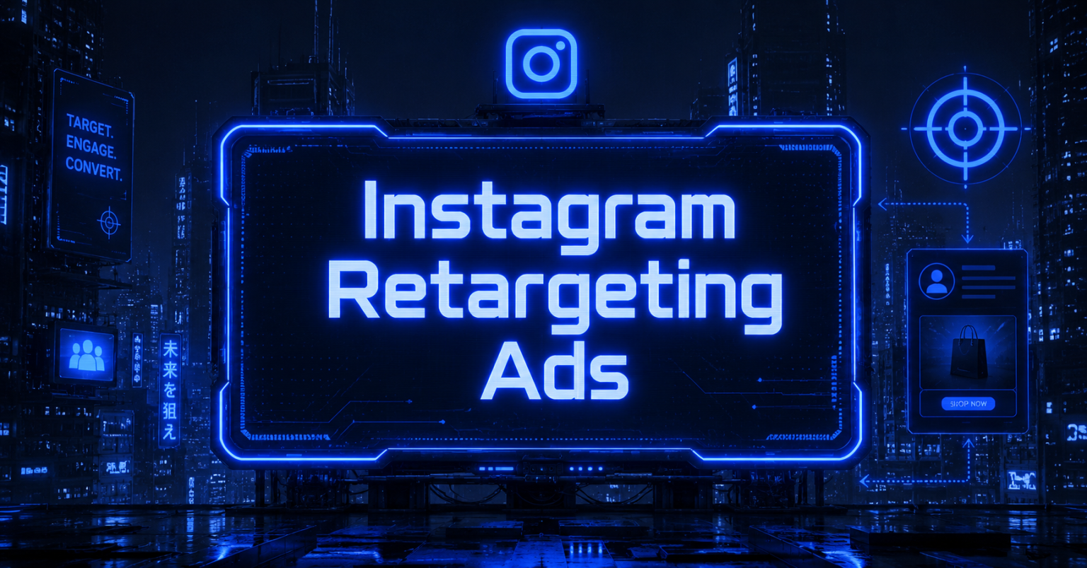 Cyberpunk-style Instagram retargeting ads graphic with neon blue interface and futuristic digital targeting visuals.