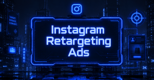Cyberpunk-style Instagram retargeting ads graphic with neon blue interface and futuristic digital targeting visuals.