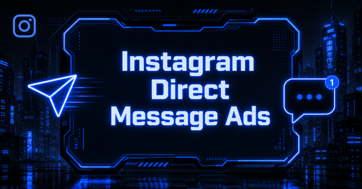 Cyberpunk-style featured image with glowing blue Instagram direct message icons and neon text promoting Instagram Direct Message Ads.