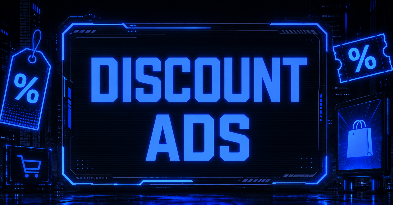"Discount Ads" neon blue signage in a futuristic cityscape with glowing price tag, coupon, shopping cart, and bag icons.