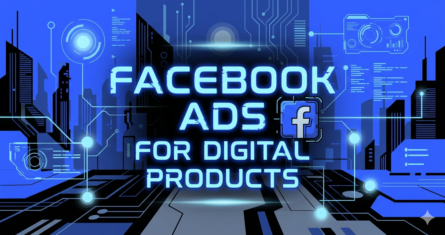 Facebook Ads for digital products title card with Facebook logo on a blue cityscape background.