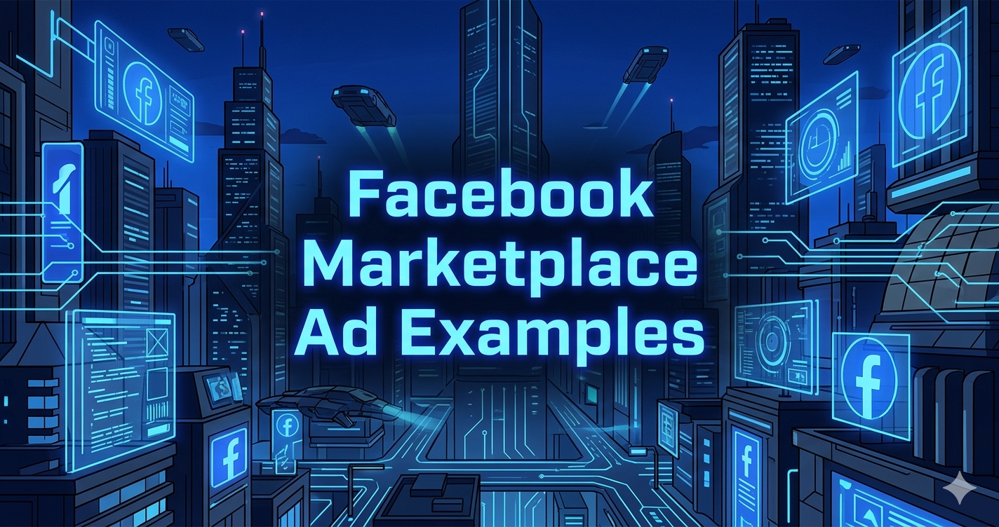 Facebook Marketplace ad examples graphic with Facebook logos on holographic screens above a city skyline.