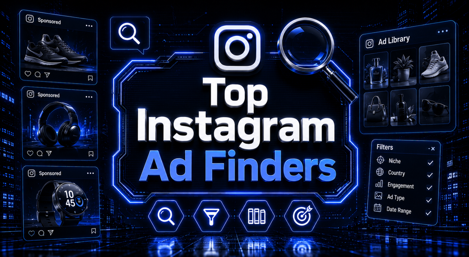 Futuristic blue cityscape with neon "Instagram Ad Finders" text and GetHookd, AdSpy, PowerAdSpy, and BigSpy logos.
