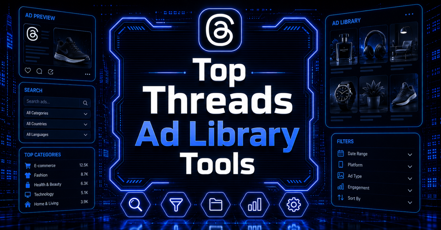 Futuristic digital cityscape with holographic dashboard displaying the text " Top Threads Ad Library Tools."