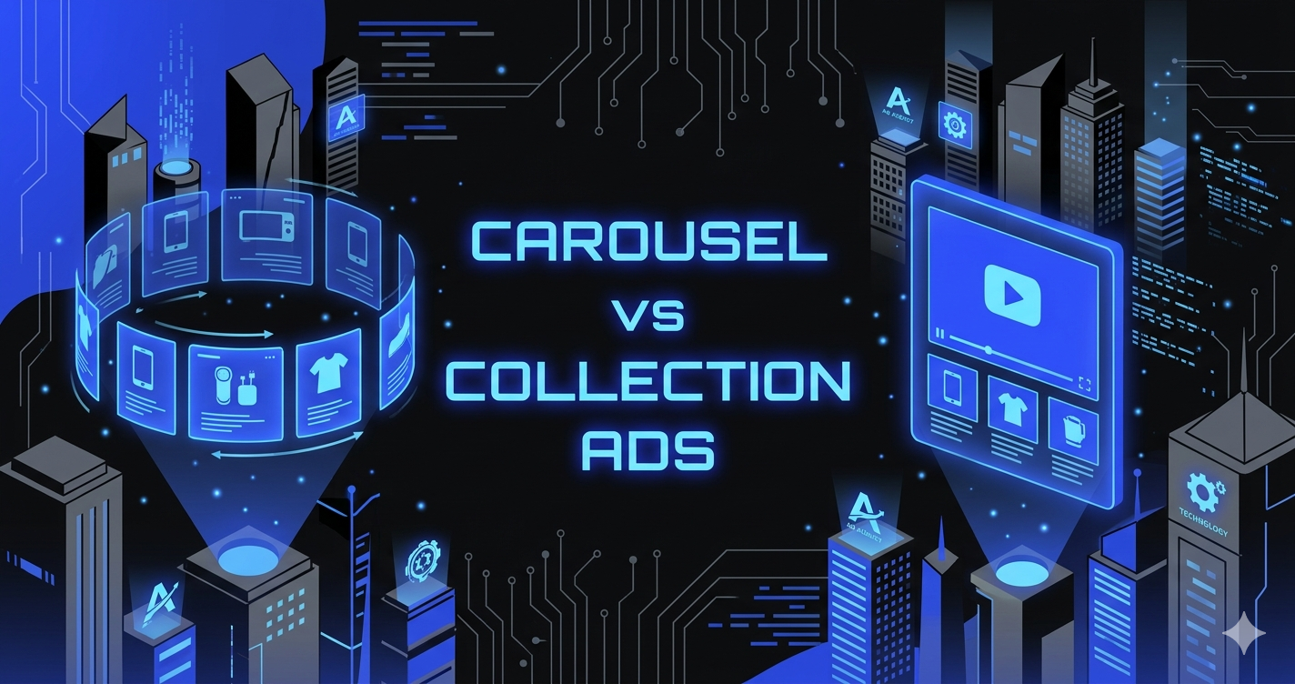 Futuristic illustration comparing carousel ads and collection ads in a digital cityscape.