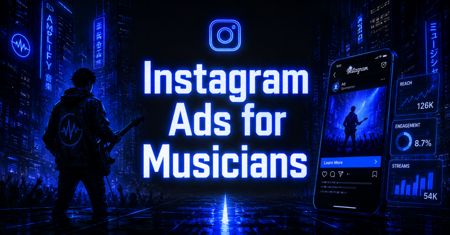 Graphic for Instagram ads for musicians featuring a guitarist, Instagram interface, and neon blue music visuals.