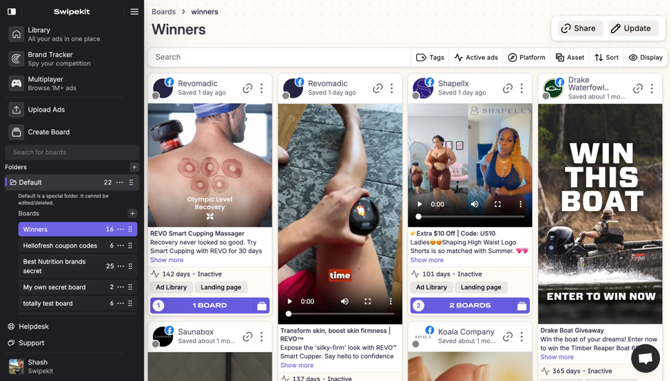 Swipekit's Winners board displaying 16 saved competitor ads in a grid, each card showing the ad creative, copy snippet, and days-active status.