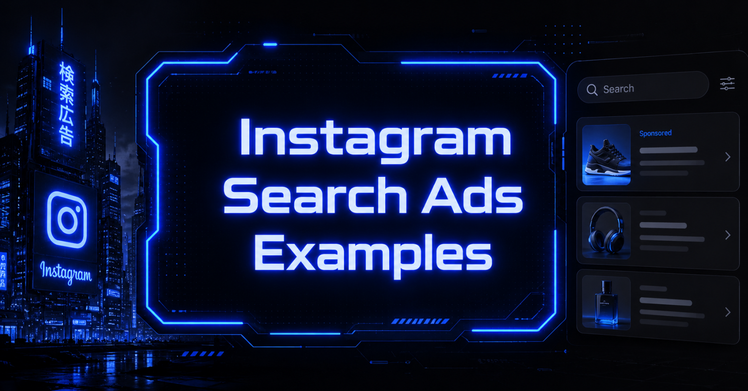 Instagram Search Ads title graphic with a mockup of Instagram search results displaying a sponsored product listing.