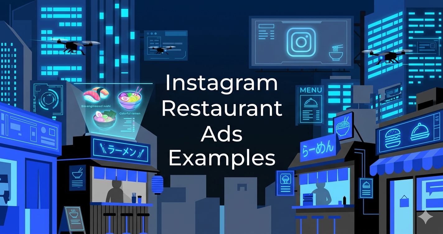 Instagram restaurant ads concept image with neon storefront, drone delivery, and holographic dining feed.