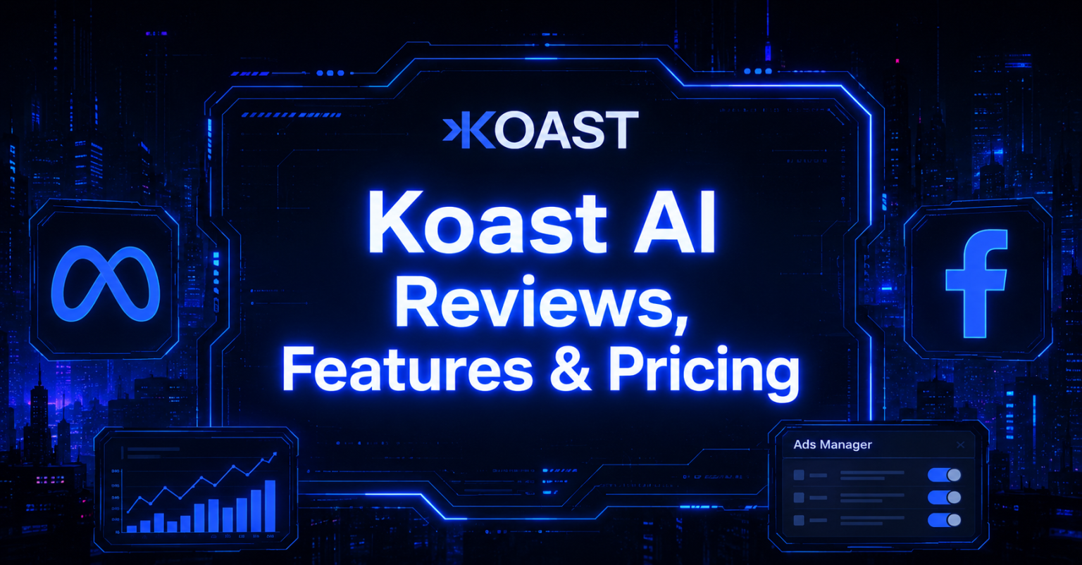 Koast AI banner showcasing reviews, features, and pricing for its Meta ad management platform.
