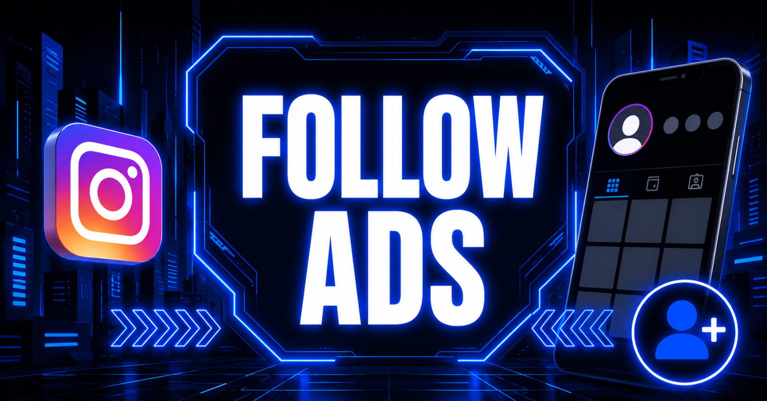 Neon "FOLLOW ADS" header featuring the Instagram logo, a profile-grid phone screen, and a follow icon.