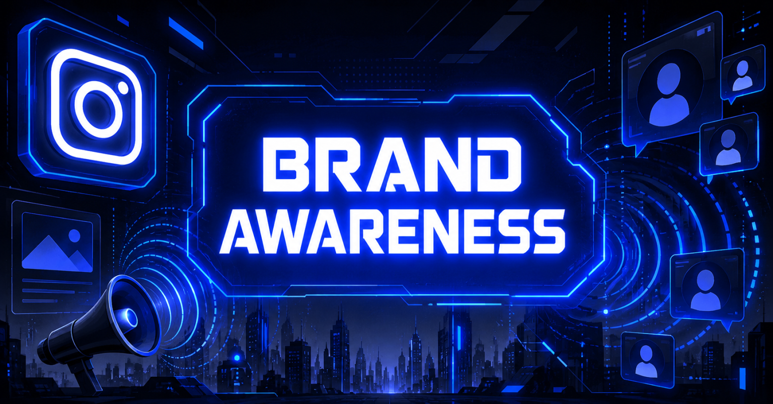 Neon blue "BRAND AWARENESS" banner with Instagram logo, megaphone, and audience profile icons over a futuristic cityscape.