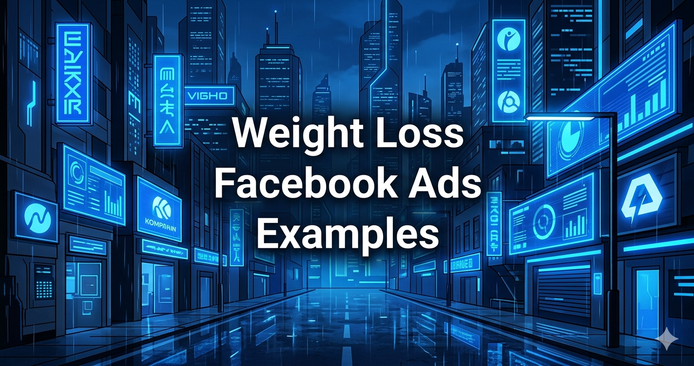 Neon cityscape billboards displaying weight loss Facebook ads examples for 2026 creative research.