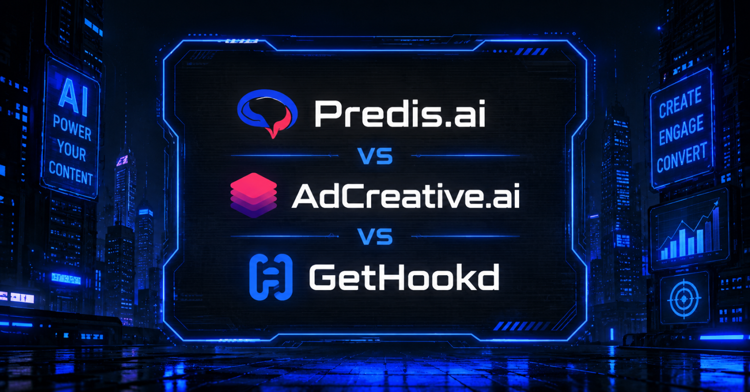 Predis.ai vs AdCreative.ai vs GetHookd comparison banner with brand logos against a blue futuristic cityscape background.