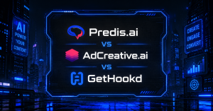 Predis.ai vs AdCreative.ai vs GetHookd comparison banner with brand logos against a blue futuristic cityscape background.