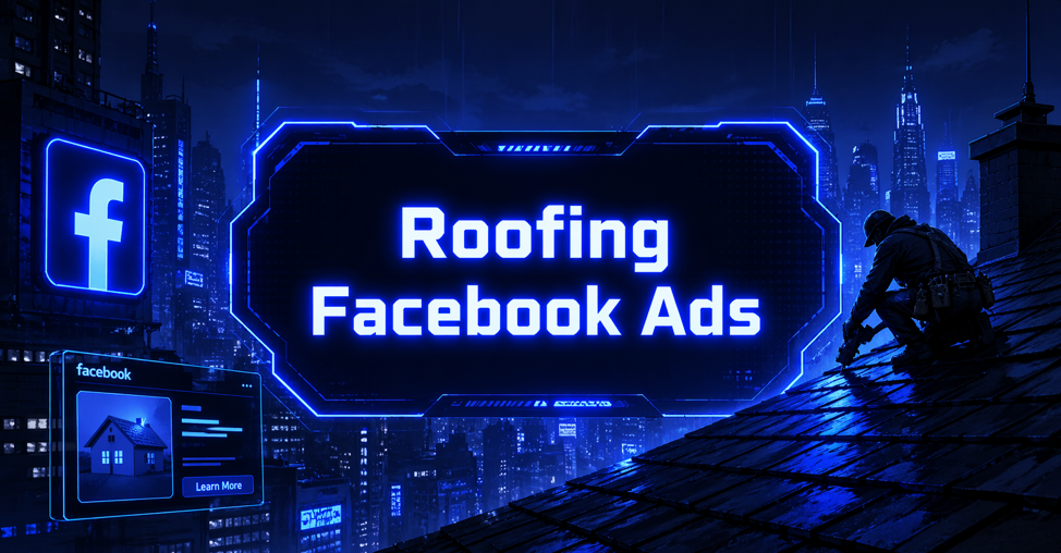 Roofing Facebook Ads graphic with a roofer working on a rooftop, a Facebook ad mockup showing a house, and the Facebook logo against a blue-lit city skyline.
