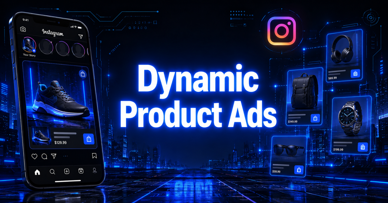 Smartphone showing an Instagram sneaker post beside floating ad cards for headphones, a backpack, watch, and sunglasses, titled "Dynamic Product Ads".