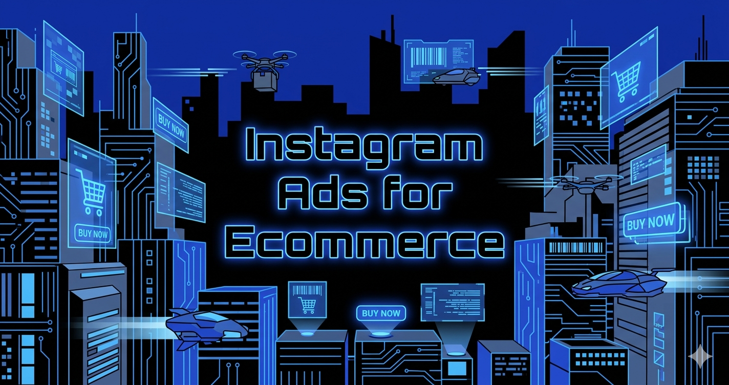 Stylized illustration of Instagram ecommerce ads concept with shopping interface elements and Buy Now buttons.