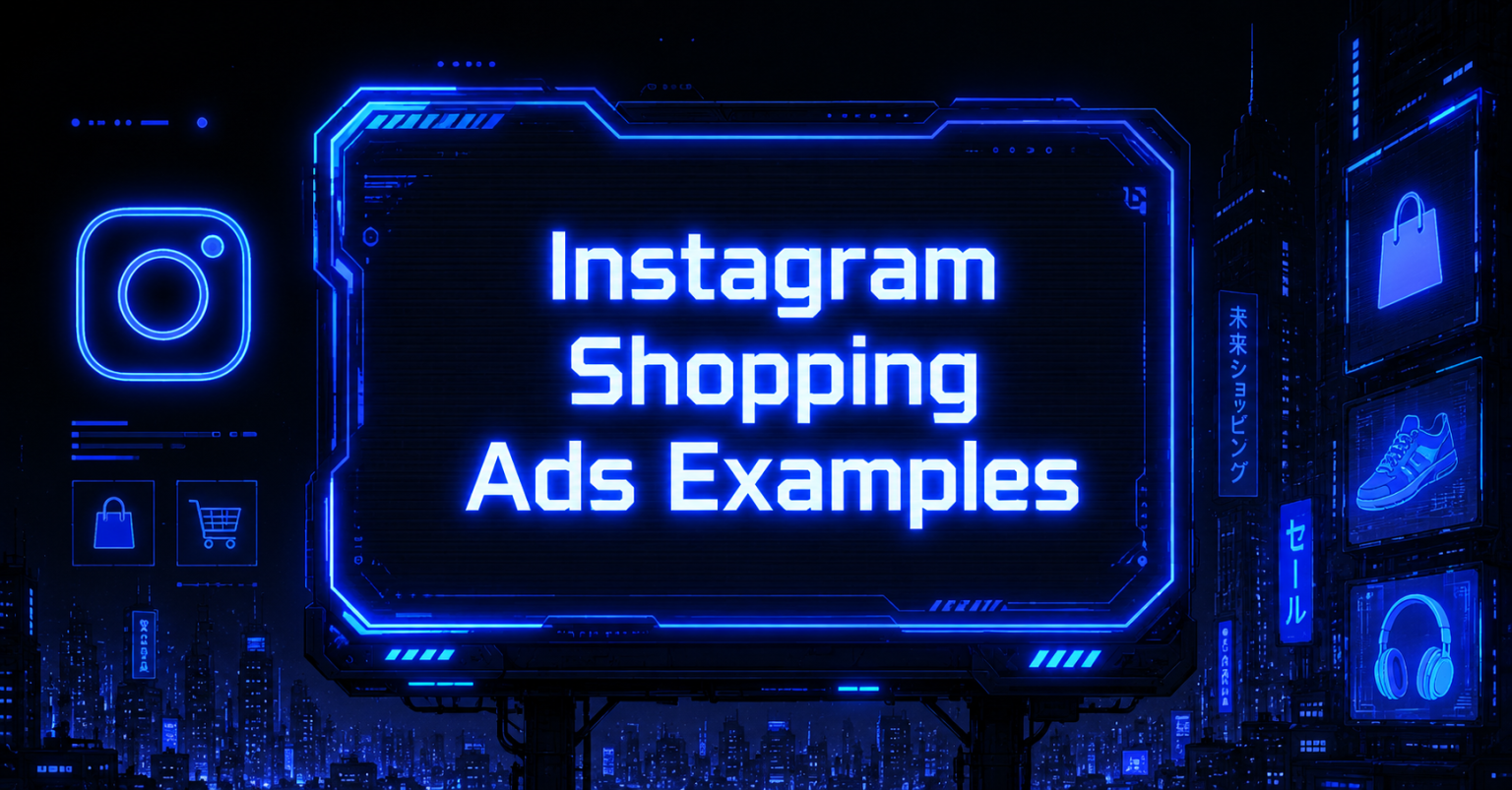 Title graphic for an article on Instagram Shopping ads, set against a futuristic neon cityscape with shopping cart, bag, sneaker, and headphone icons.