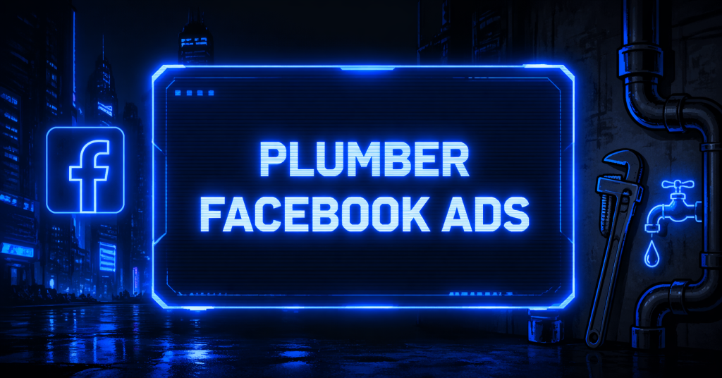 Plumber Facebook Ads graphic with a wrench, pipes, a dripping faucet icon, and the Facebook logo on a dark neon-lit urban background.
