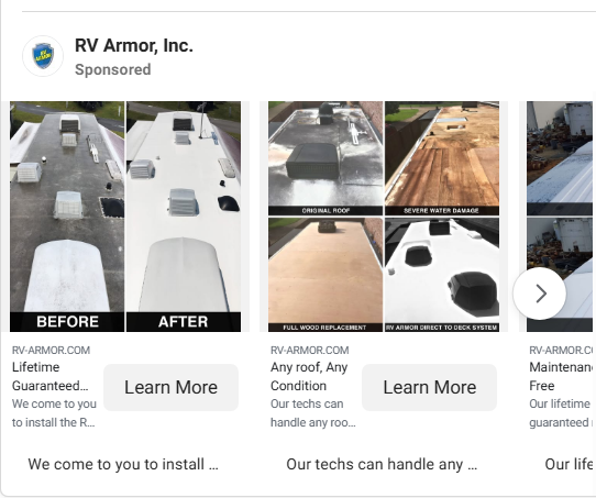 Screenshot of an RV Armor carousel ad on Facebook.