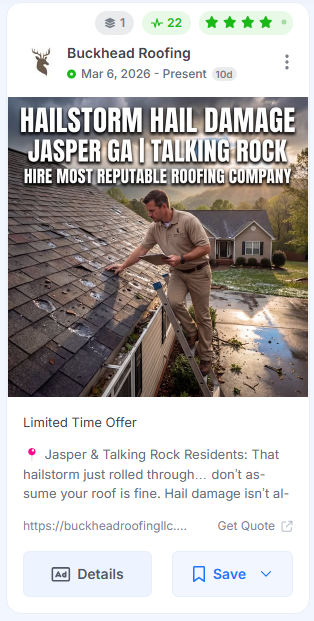 Screenshot of a Facebook ad targeting Jasper and Talking Rock residents after a hailstorm.