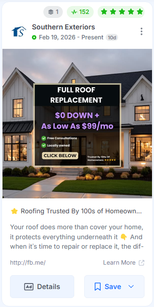 Screenshot of a Southern Exteriors Facebook ad offering roof replacement with zero down payment.