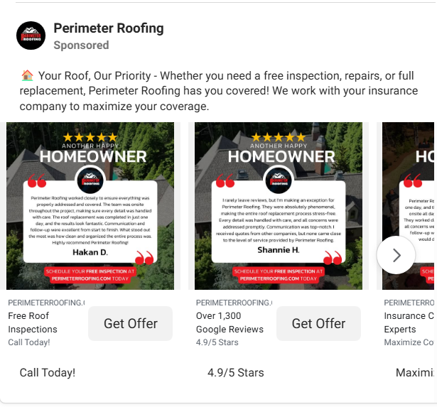 Screenshot of a Perimeter Roofing Facebook carousel ad featuring customer reviews.