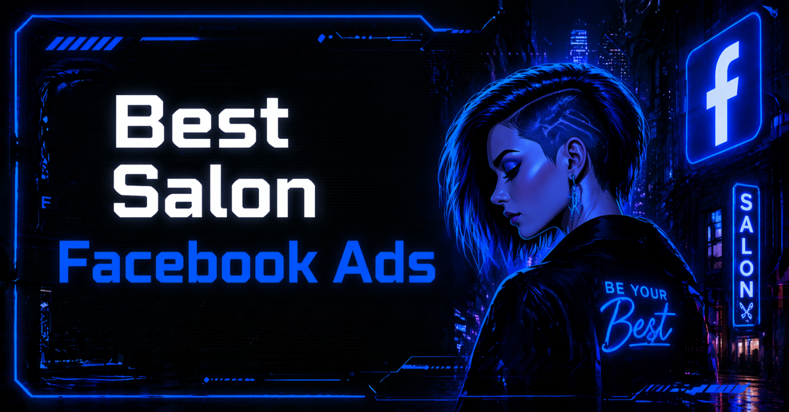 Best Salon Facebook Ads graphic with a stylish woman sporting an undercut hairstyle, a salon sign, and the Facebook logo on a dark blue urban background