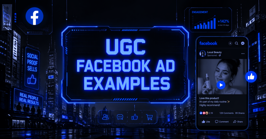 UGC Facebook Ad Examples graphic with a beauty product ad mockup on a smartphone, an engagement chart, social proof billboards, and the Facebook logo against a dark city background.
