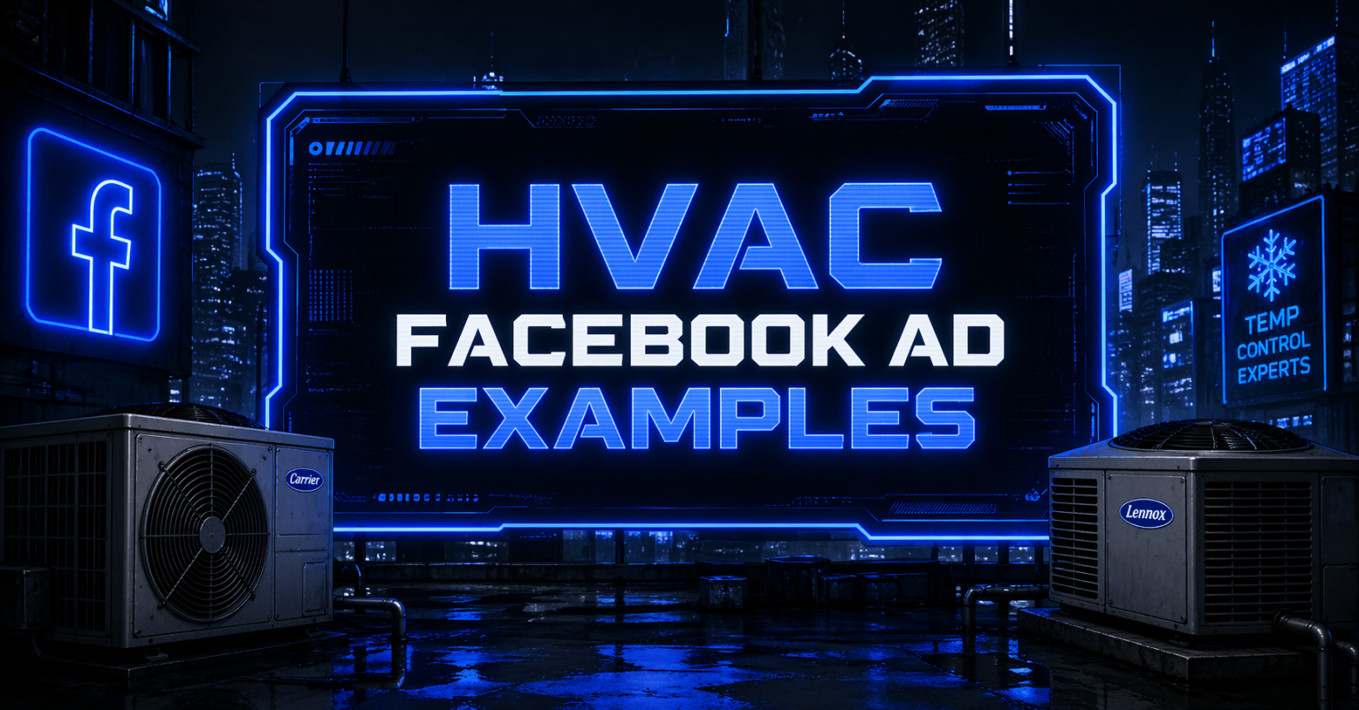 HVAC Facebook Ad Examples graphic with two AC units, a snowflake Temp Control Experts sign, and the Facebook logo against a dark urban rooftop background.