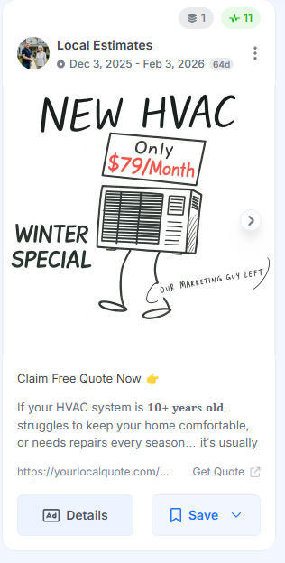 Facebook ad with a hand-drawn HVAC illustration and $79/month financing.