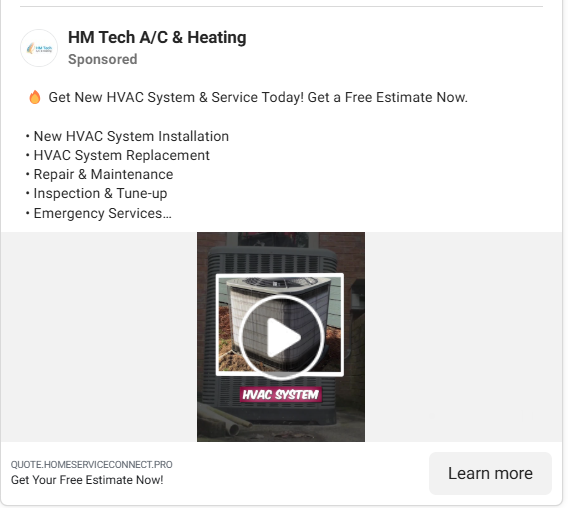 HM Tech A/C & Heating Facebook video ad listing HVAC services with a Get Your Free Estimate.