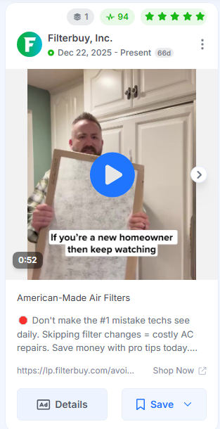 Screenshot of a Filterbuy video ad showing a man holding a dirty air filter.
