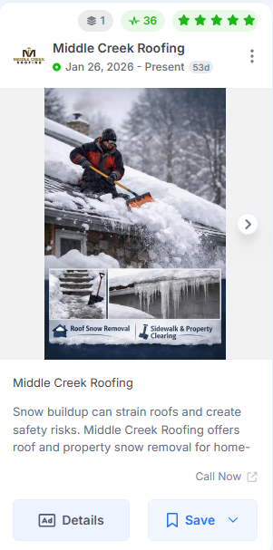 Screenshot of Middle Creek Roofing using a seasonal ad to address homeowner pain points.