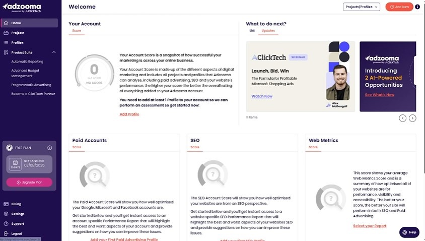 Adzooma welcome dashboard displaying Account Score, Paid Accounts, SEO, and Web Metrics modules on the free plan.