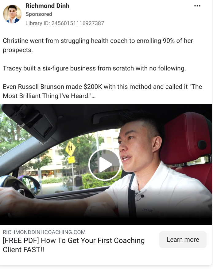 Video ad from Richmond Dinh Coaching using client success stories in the copy to drive traffic to a free coaching PDF.