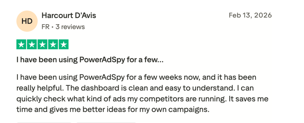 A 5-star review on PowerAdSpy.