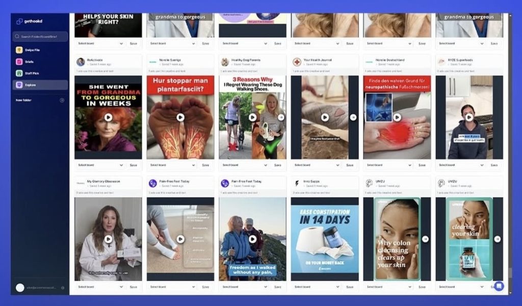 Screenshot of GetHookd's Explore Ads interface showing a gallery of ads across health and wellness niches.